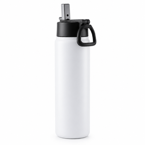 Blank white 20 oz Asbury Elementary tumbler with black lid, silver drinking piece, and black hanging loop