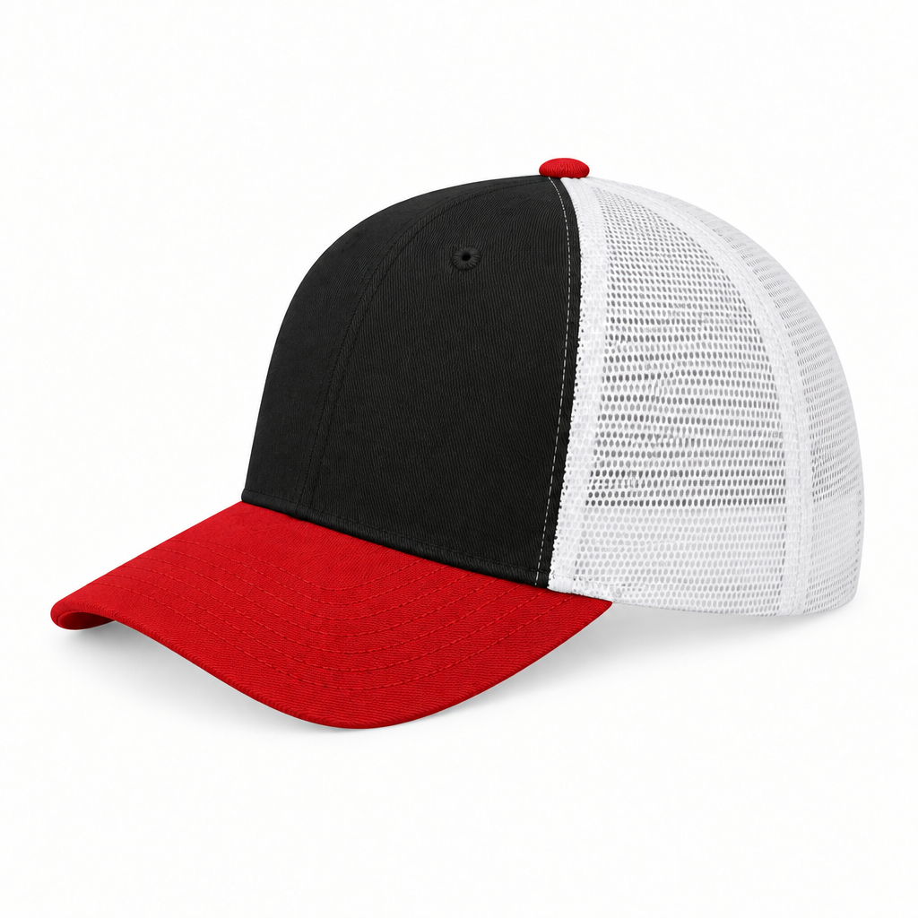 Blank Richardson cap with black crown, red bill, and white mesh panels, shown at a three-quarter left angle