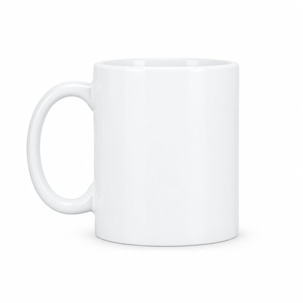 Blank white 15 oz Asbury Elementary ceramic mug, front view with handle on left